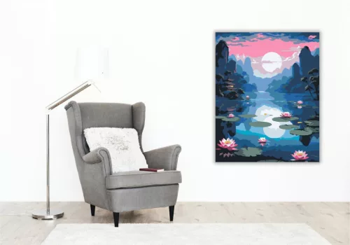 Rózsaszín Lótuszok Holdfényes Tavon - számfestő készlet - Számfestő.hu - 60×70cm - keret nélkül