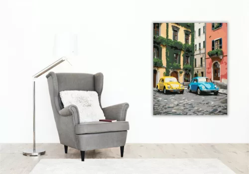 Színes Vintage Bogarak Kockaköves Utcán - számfestő készlet - Számfestő.hu - 50×60cm - keretre feszítve