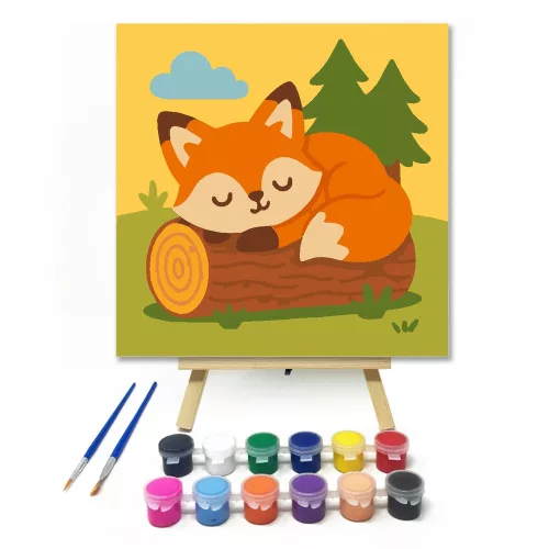 Szundikáló Rókakölyök a Rönkön - gyerek számfestő készlet - Számfestő.hu - 40×40cm - keretre feszítve