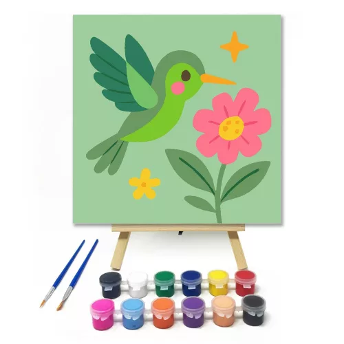 Cuki Kolibri a Virágok Között - gyerek számfestő készlet - Számfestő.hu - 40×40cm - keretre feszítve