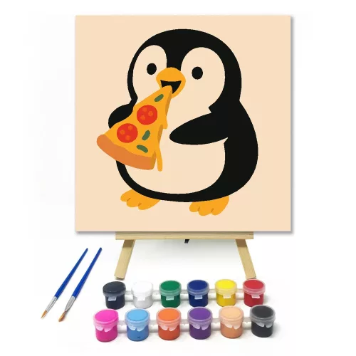 Cuki Pingvin Pizzával - gyerek számfestő készlet - Számfestő.hu - 30×30cm - keret nélkül