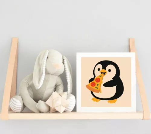 Cuki Pingvin Pizzával - gyerek számfestő készlet - Számfestő.hu - 20×20cm - keret nélkül