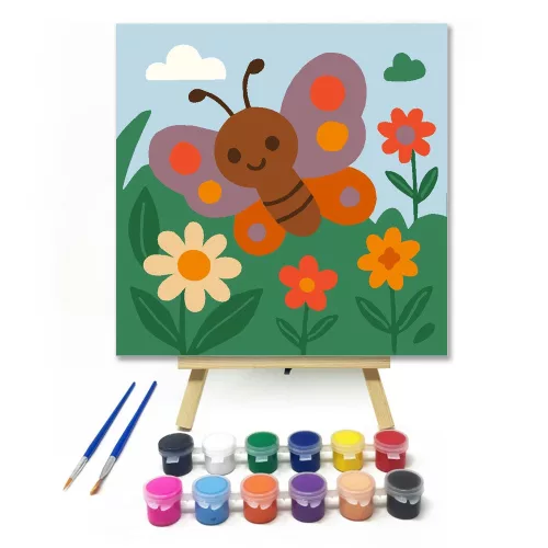 Vidám Pillangó a Virágos Kertben - gyerek számfestő készlet - Számfestő.hu - 50×50cm - keretre feszítve