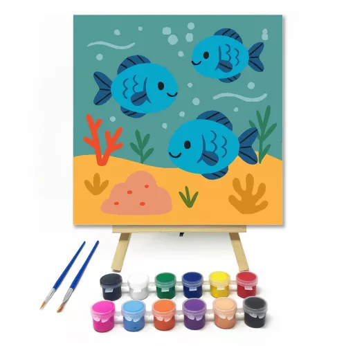 Vidám Halacskák a Tenger Mélyén - gyerek számfestő készlet - Számfestő.hu - 20×20cm - keretre feszítve