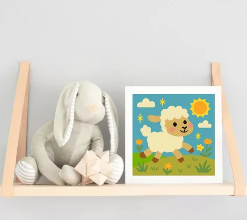 Vidám Bárányka a Virágos Réten - gyerek számfestő készlet - Számfestő.hu - 20×20cm - keretre feszítve