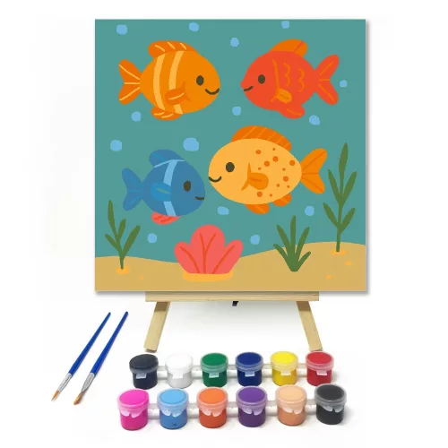 Vidám Halacskák a Tenger Mélyén - gyerek számfestő készlet - Számfestő.hu - 20×20cm - keretre feszítve