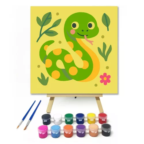 Vidám Kígyó a Zöld Ligetben - gyerek számfestő készlet - Számfestő.hu - 20×20cm - keretre feszítve