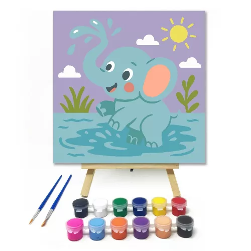Vidám Kiselefánt a Vízi Kalandban - gyerek számfestő készlet - Számfestő.hu - 40×40cm - keretre feszítve