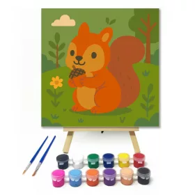 Vidám Mókus a Zöld Rét Közepén - gyerek számfestő készlet - Számfestő.hu - 20×20cm - keret nélkül