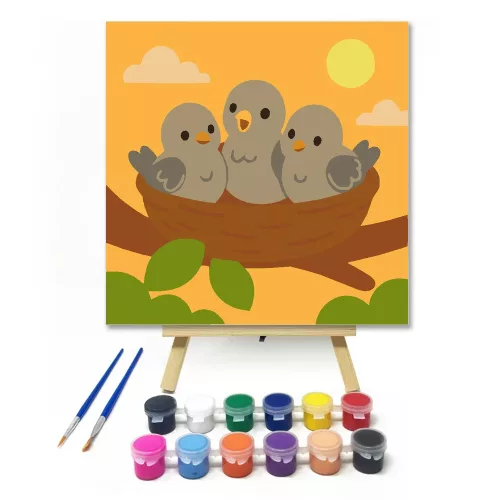Cuki Madárfiókák a Fészekben - gyerek számfestő készlet - Számfestő.hu - 20×20cm - keret nélkül