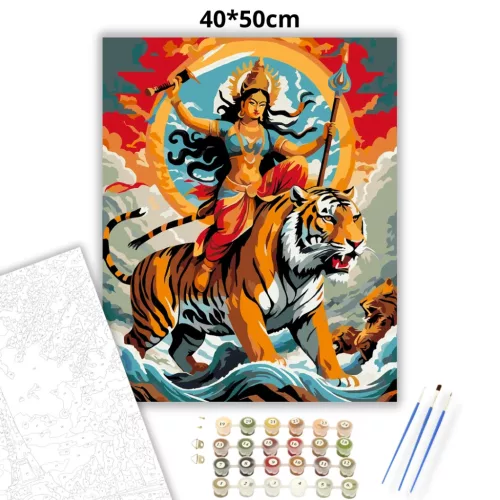 Durga Istennő Tigris Hátán - számfestő készlet - Számfestő.hu - 40×50cm - Keret nélkül