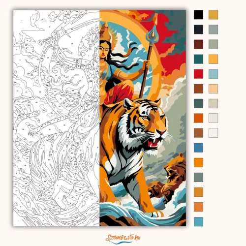 Durga Istennő Tigris Hátán - számfestő készlet - Számfestő.hu - 40×50cm - Keret nélkül