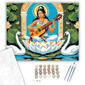 Saraswati Istennő Fehér Lótuszon - számfestő készlet - Számfestő.hu - 40×50cm - keret nélkül