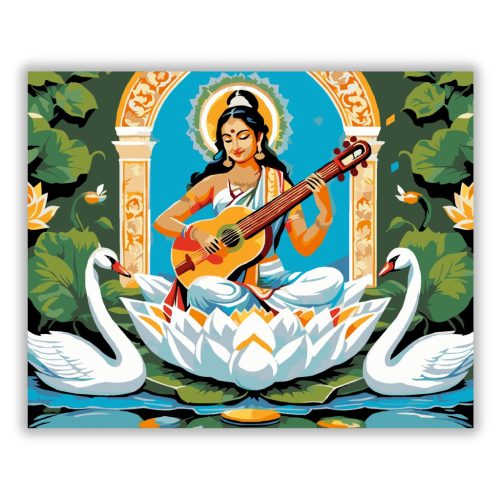 Saraswati Istennő Fehér Lótuszon - Számfestő.hu