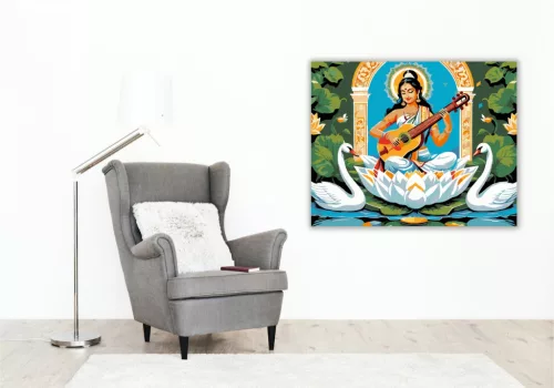 Saraswati Istennő Fehér Lótuszon - számfestő készlet - Számfestő.hu - 40×50cm - keret nélkül