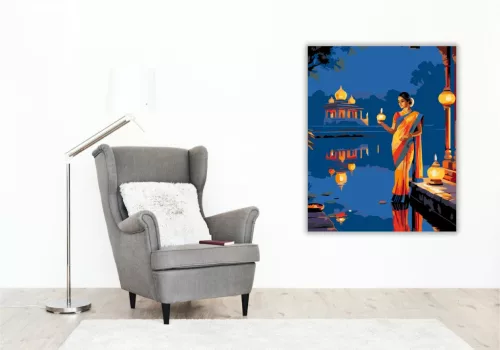Nő Fényekkel a Tóparton - számfestő készlet - Számfestő.hu - 50×60cm - keret nélkül