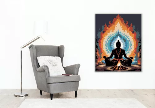 Meditáló Jógik Szent Tűz előtt - számfestő készlet - Számfestő.hu - 60×70cm - keretre feszítve