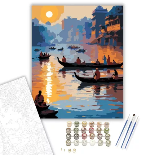 Varanasi Hajnal a Gangesz Partján - számfestő készlet - Számfestő.hu - 50×60cm - keret nélkül