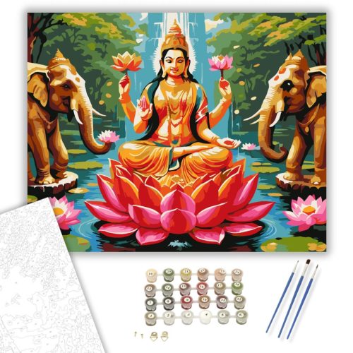 Lakshmi Istennő Lótuszon - számfestő készlet - Számfestő.hu - 80×100cm - keret nélkül