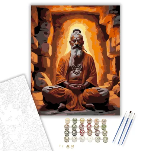 Meditáló Sadhu a Barlangban - számfestő készlet - Számfestő.hu - 50×60cm - keretre feszítve