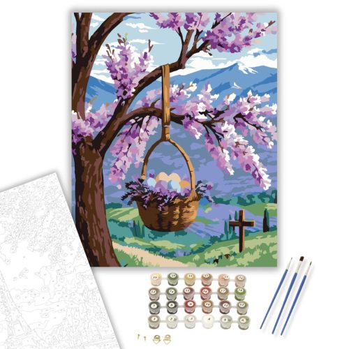 Húsvéti Kosár Virágzó Ágon - számfestő készlet - Számfestő.hu - 60×70cm - keret nélkül