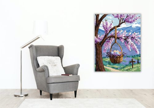 Húsvéti Kosár Virágzó Ágon - számfestő készlet - Számfestő.hu - 40×50cm - keret nélkül