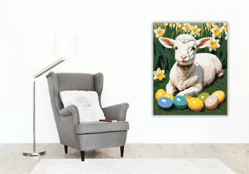 Bárány Színes Húsvéti Tojásokkal - számfestő készlet - Számfestő.hu - 40×50cm - Keretre feszítve