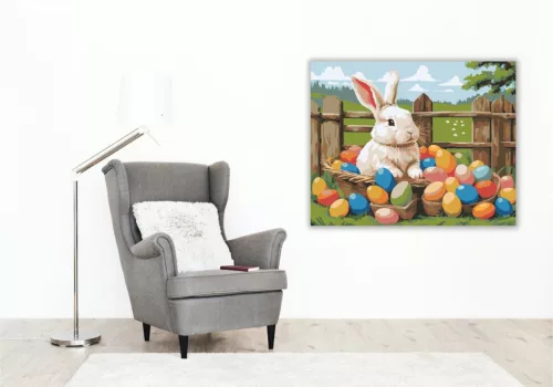 Nyuszi Színes Tojásokkal - számfestő készlet - Számfestő.hu - 40×50cm - keretre feszítve