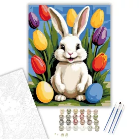 Mosolygó Nyuszi Tulipánokkal - számfestő készlet - Számfestő.hu - 40×50cm - keret nélkül