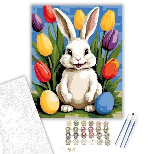 Mosolygó Nyuszi Tulipánokkal - számfestő készlet - Számfestő.hu - 40×50cm - keret nélkül