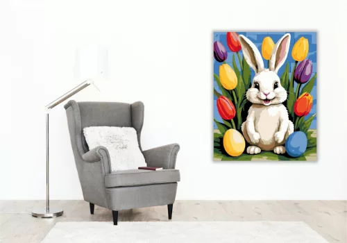 Mosolygó Nyuszi Tulipánokkal - számfestő készlet - Számfestő.hu - 60×70cm - keret nélkül
