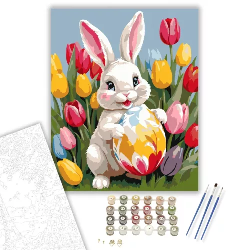 Nyuszi Tulipánok Között - számfestő készlet - Számfestő.hu - 80×100cm - keret nélkül