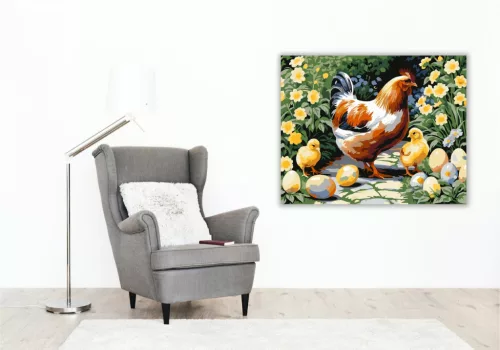 Tyúk és Csibék Húsvéti Kertben - számfestő készlet - Számfestő.hu - 40×50cm - keret nélkül
