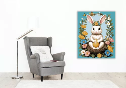 Nyuszi Virágkoszorúval és Tojással - számfestő készlet - Számfestő.hu - 40×50cm - keretre feszítve