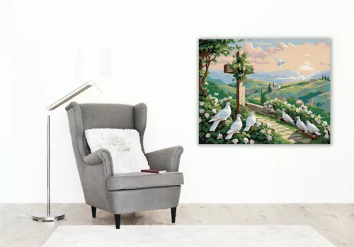 Borostyánnal Borított Kereszt és Galambok - számfestő készlet - Számfestő.hu - 40×50cm - keret nélkül