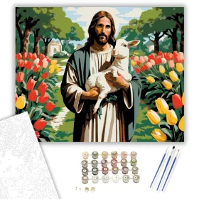 Jézus a Báránnyal Tulipánok Között - számfestő készlet - Számfestő.hu - 40×50cm - keret nélkül