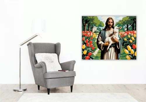 Jézus a Báránnyal Tulipánok Között - számfestő készlet - Számfestő.hu - 80×100cm - keret nélkül