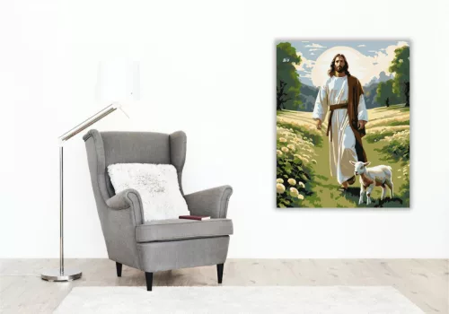 Jézus és Bárány Tavaszi Mezőn - számfestő készlet - Számfestő.hu - 40×50cm - keretre feszítve