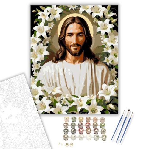 Jézus Fehér Liliomokkal - számfestő készlet - Számfestő.hu - 40×50cm - keretre feszítve