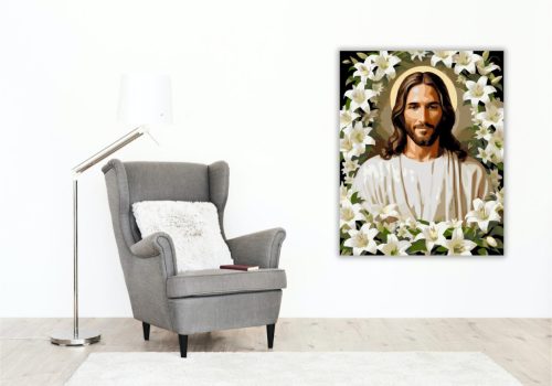 Jézus Fehér Liliomokkal - számfestő készlet - Számfestő.hu - 40×50cm - keretre feszítve