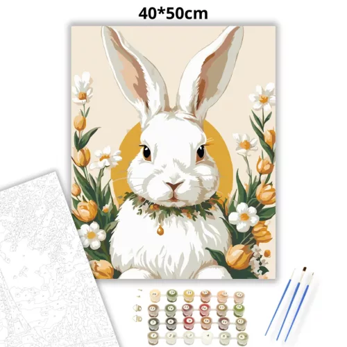 Fehér Nyuszi Virágkoszorúval - számfestő készlet - Számfestő.hu - 40×50cm - Keretre feszítve