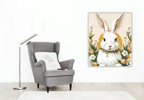 Fehér Nyuszi Virágkoszorúval - számfestő készlet - Számfestő.hu - 40×50cm - Keretre feszítve