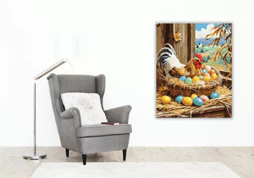 Húsvéti Kosár Színes Tojásokkal és Tyúkkal - számfestő készlet - Számfestő.hu - 60×70cm - keret nélkül