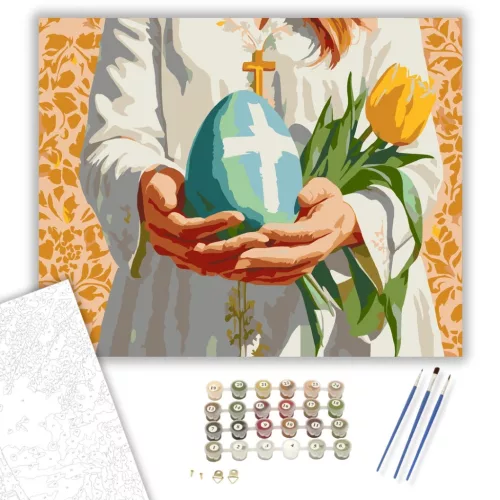 Keresztény Húsvéti Tojás Tulipánokkal - számfestő készlet - Számfestő.hu - 80×100cm - keret nélkül