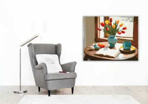 Húsvéti Asztal Tulipánokkal - számfestő készlet - Számfestő.hu - 80×100cm - keret nélkül