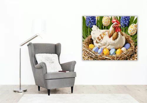 Tyúk Húsvéti Tojásokkal - számfestő készlet - Számfestő.hu - 40×50cm - keret nélkül