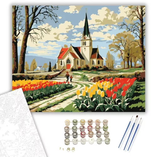 Húsvéti Reggel a Vidéki Templomnál - számfestő készlet - Számfestő.hu - 50×60cm - keret nélkül