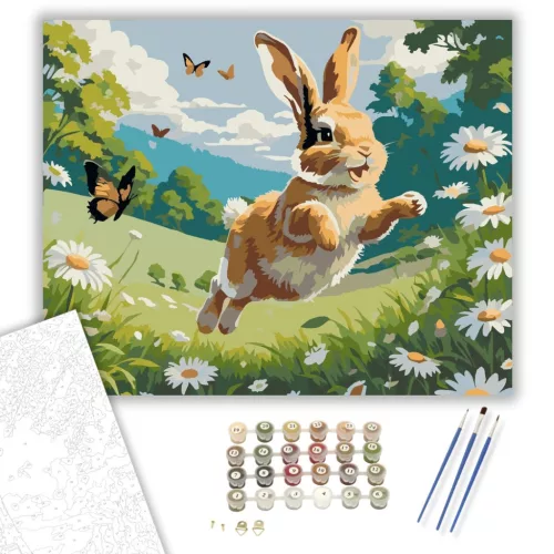 Ugráló Nyuszi Margaréták Közt - számfestő készlet - Számfestő.hu - 80×100cm - keretre feszítve