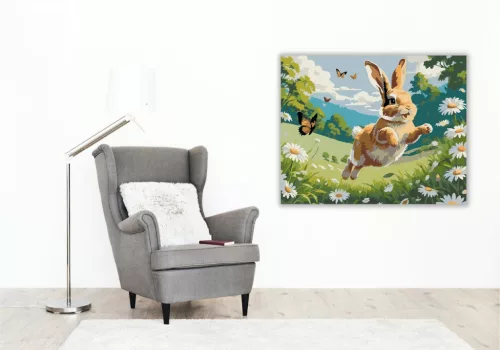 Ugráló Nyuszi Margaréták Közt - számfestő készlet - Számfestő.hu - 60×70cm - keret nélkül