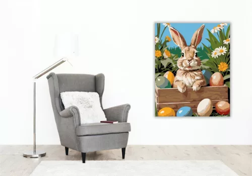 Nyuszi Fa Láda Színes Tojásokkal - számfestő készlet - Számfestő.hu - 40×50cm - keret nélkül